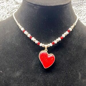 Sparkly Red Heart Pendant Necklace‎ Silver Tone Beaded Chain 18 - 20 in
